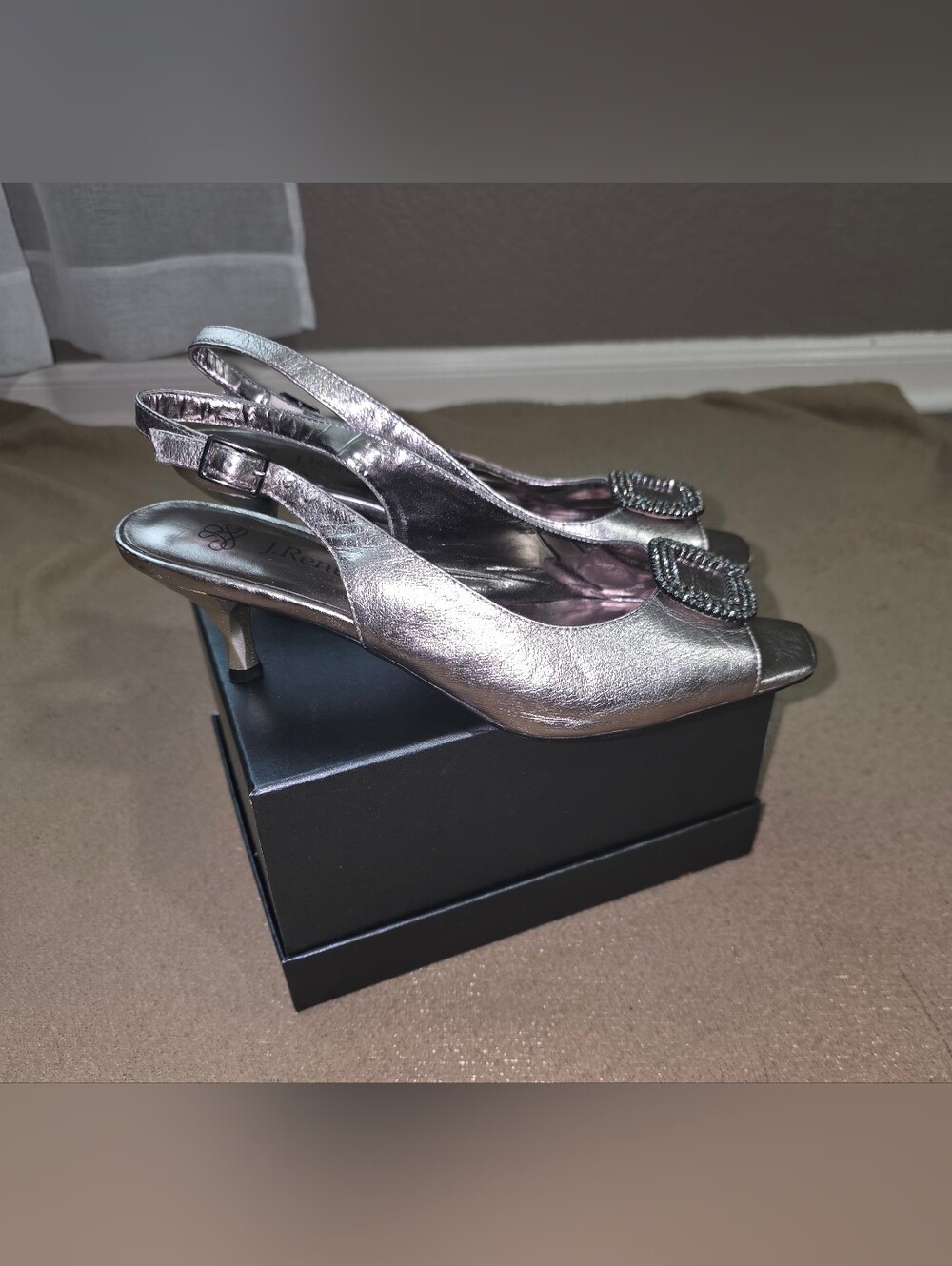 J. Renee Women’s Pewter Faux Leather Rhinestone Buckle Slingback Open Toe 7M
